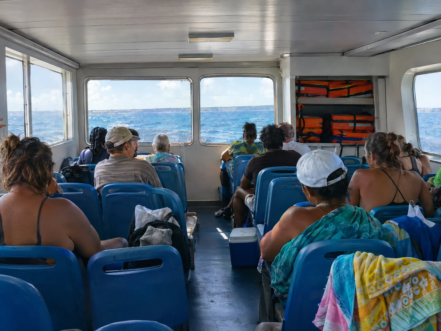 Inside a passenger ferry cabin on the way across, towels and coolers on knees, everyone headed for the same island
