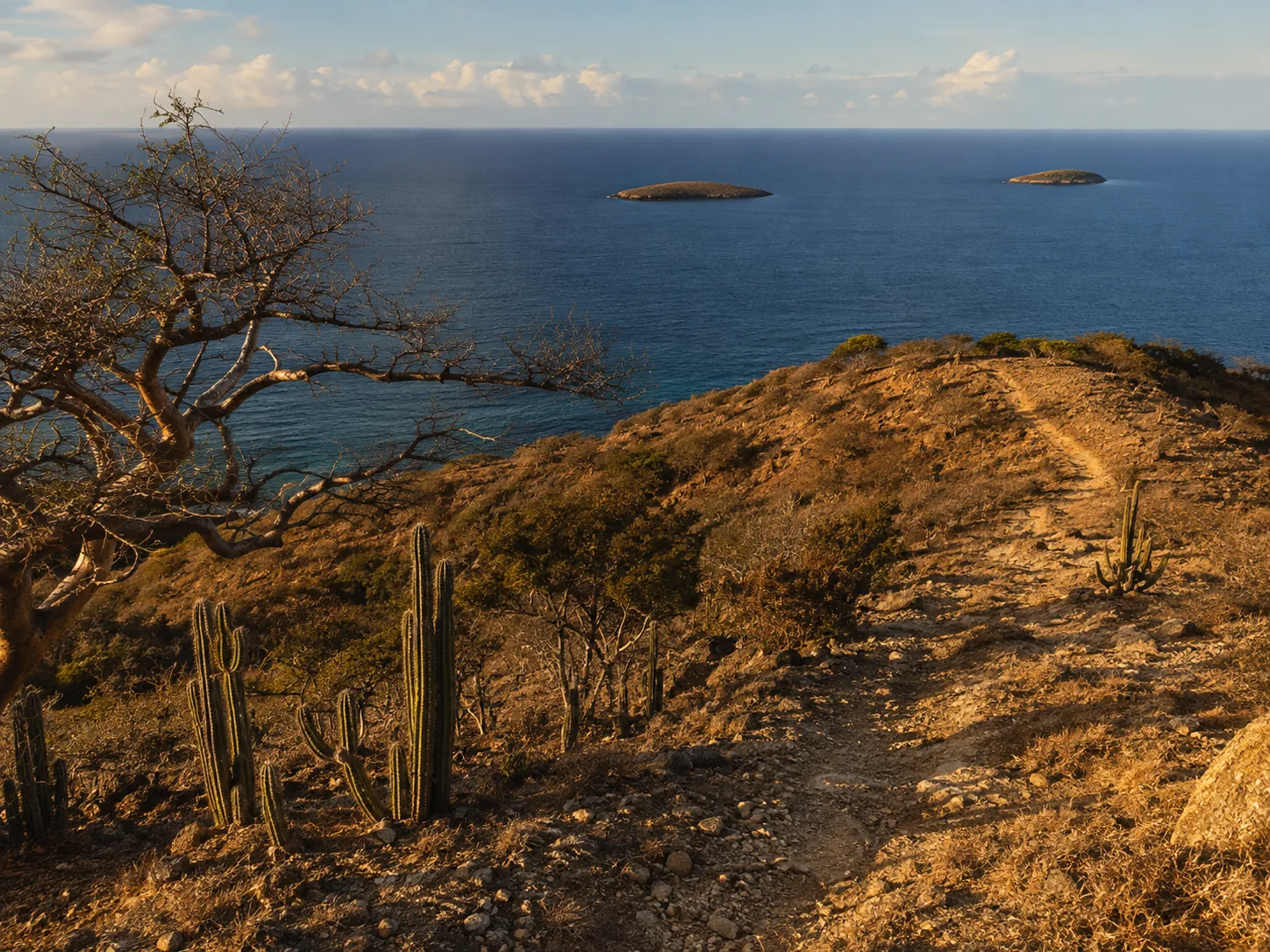 A brown cactus hillside above deep blue water, two cays lying offshore