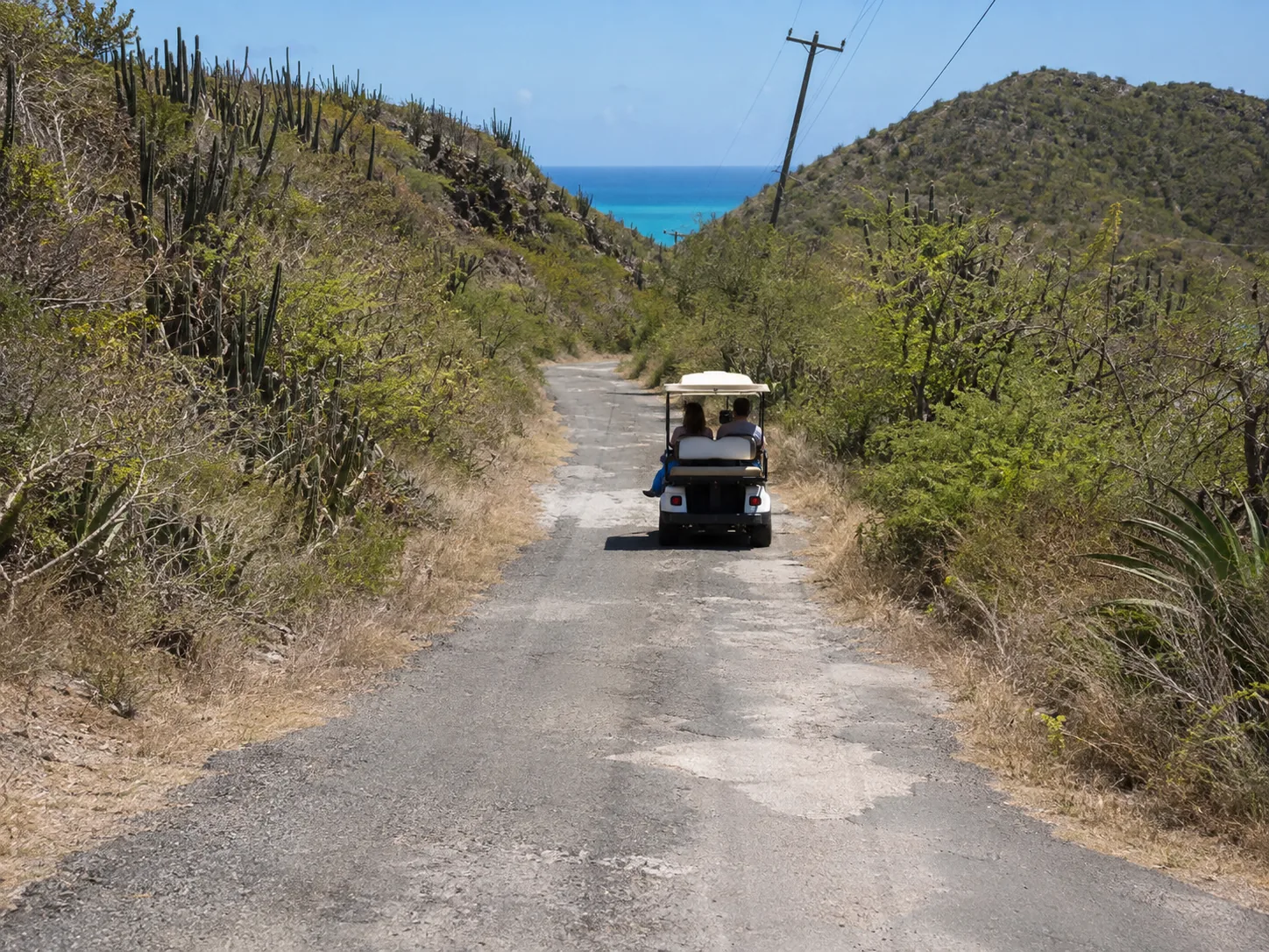 A patched single-track road over a cactus hill, a golf cart pulling away, open sea beyond the ridge