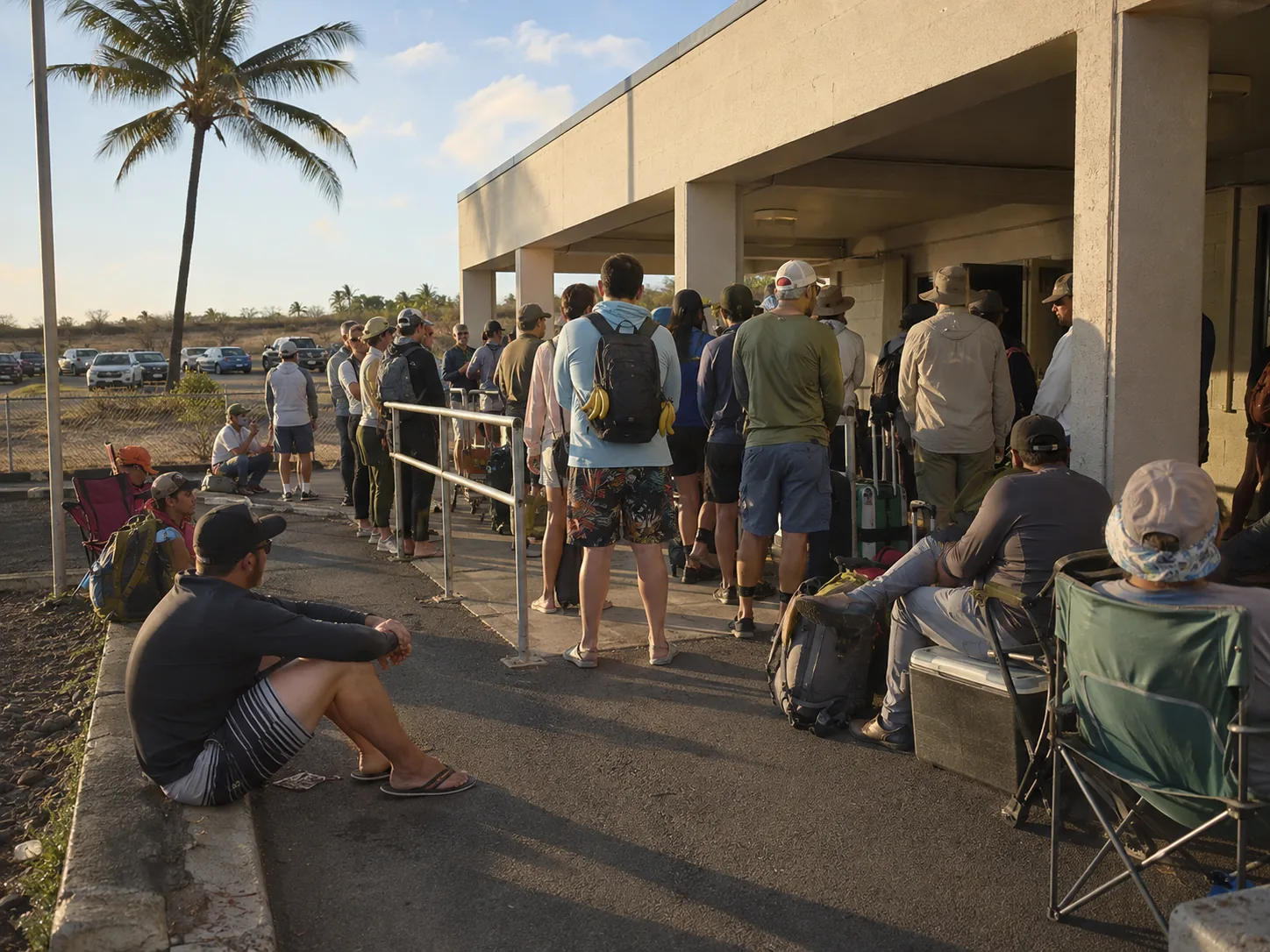 About twenty people queueing outside a plain concrete terminal building, folding chairs set out by the door